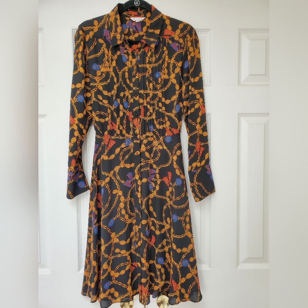 Nanette chainlink button down dress,below knee with tie around waist.